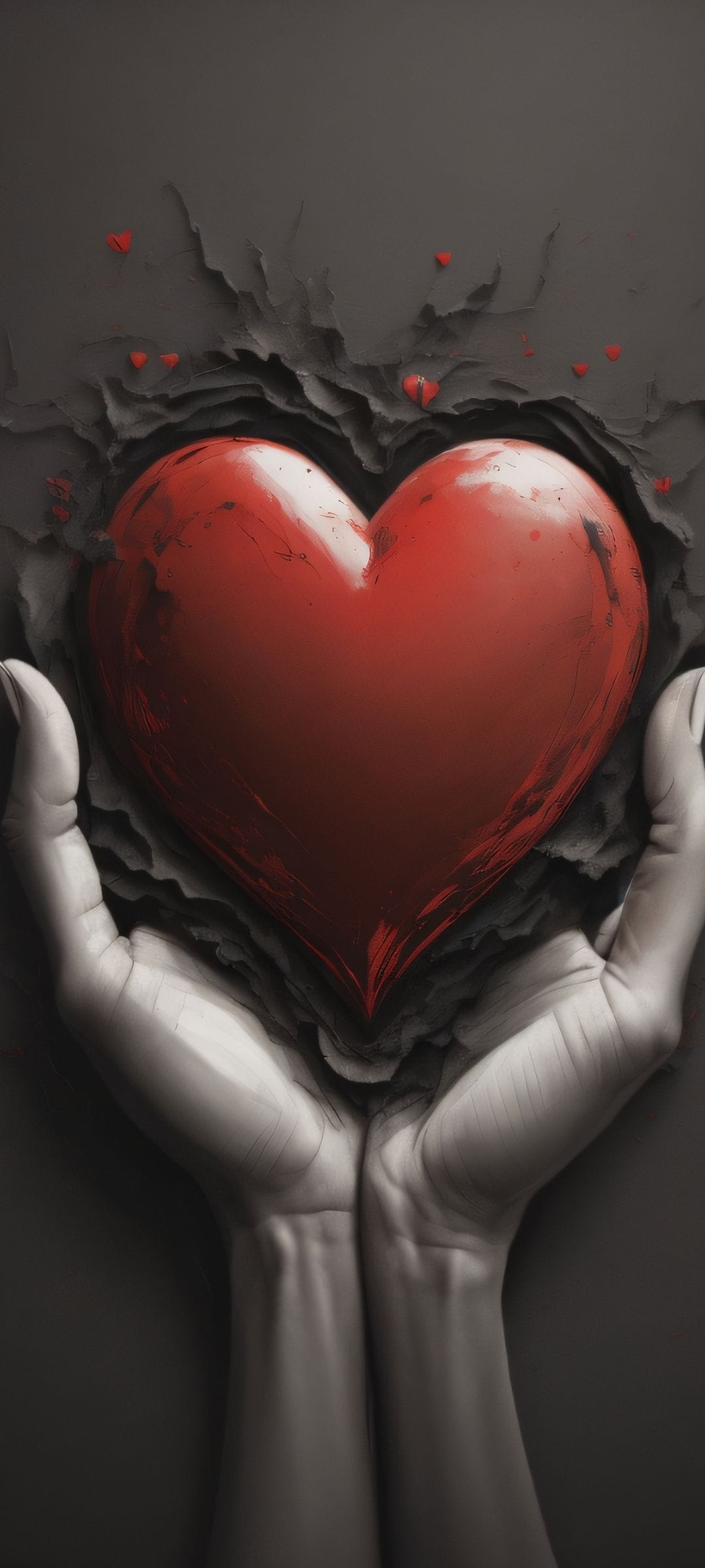 Cupped hands hold a glowing red heart emerging from a cracked black surface with floating heart shapes.