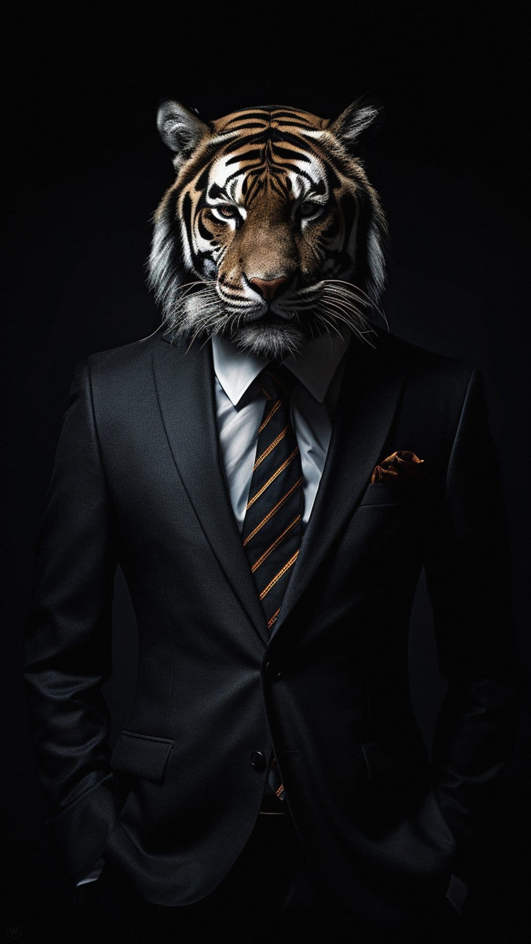 Tiger head on a man wearing a black business suit, white shirt, and striped tie with a focused expression.