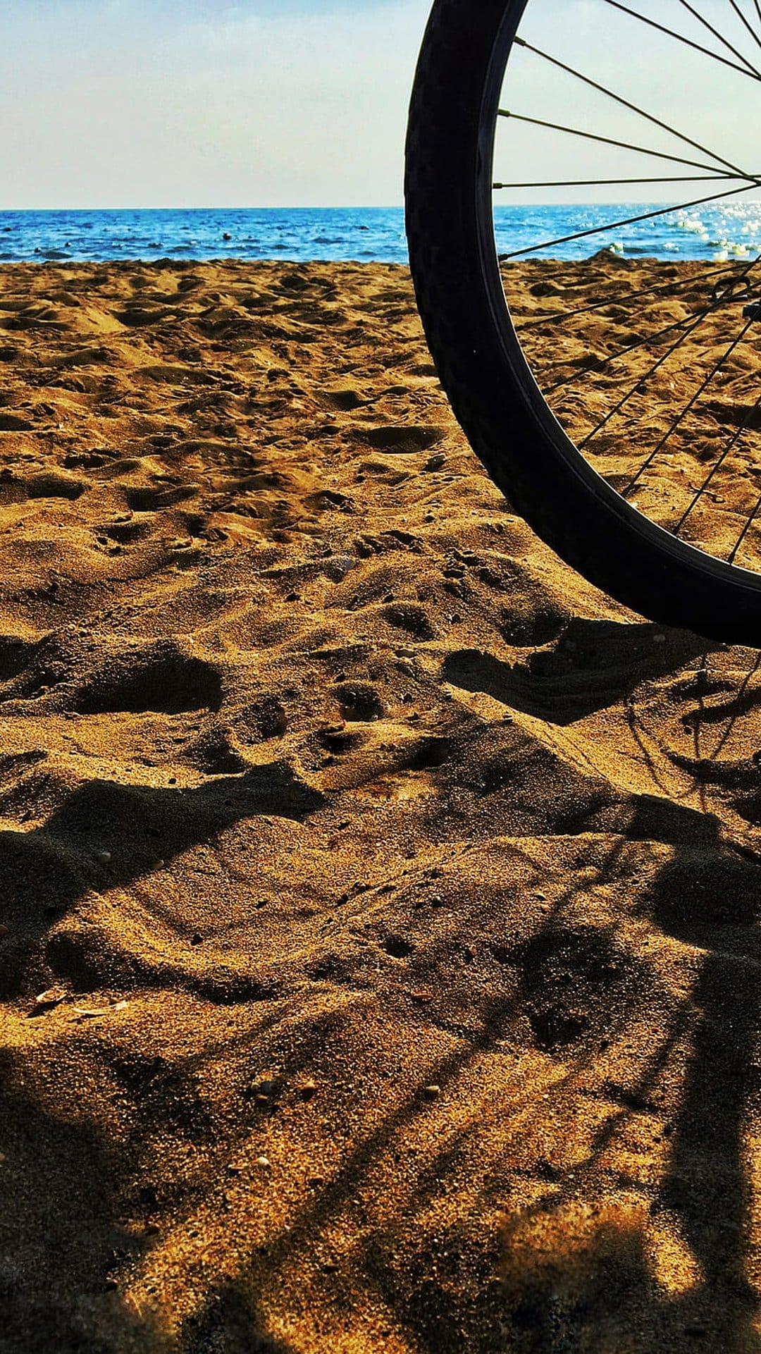 Bicycle wheel resting on golden beach sand with turquoise ocean waves and a clear sky in the blurred background.