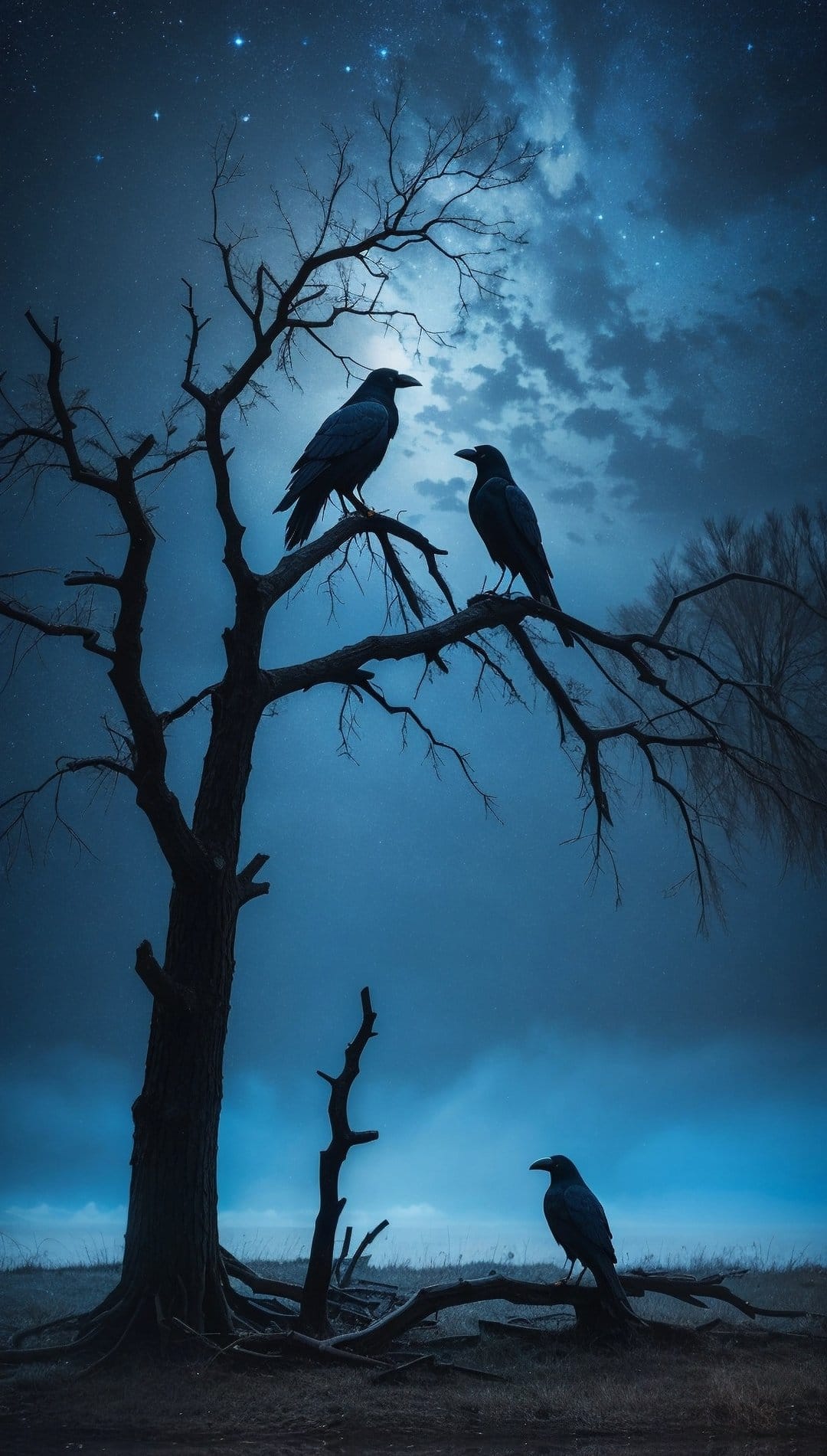 Three crow silhouettes perch on bare tree branches against a dark blue starry night sky with soft moonlight.