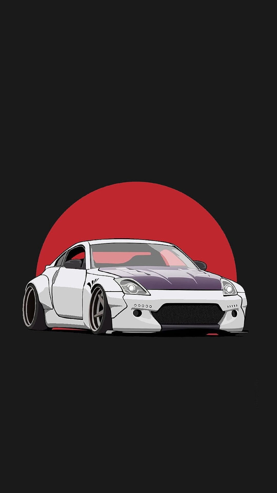 Nissan 350Z with a widebody kit and purple hood parked against a large red circle on a black background.