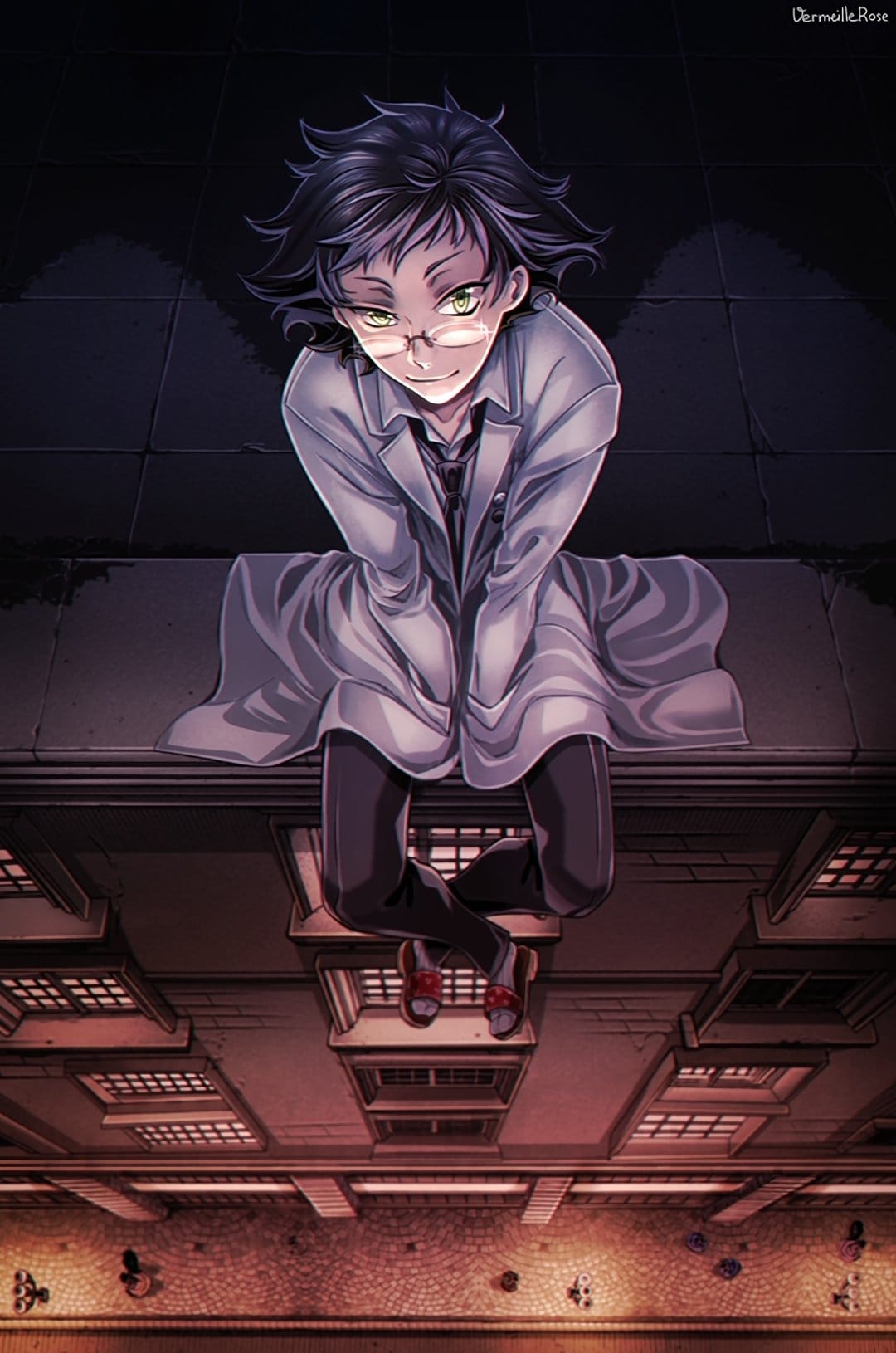 Scientist with glasses and a white lab coat perches on a dark ledge overlooking a shadowy industrial cityscape.