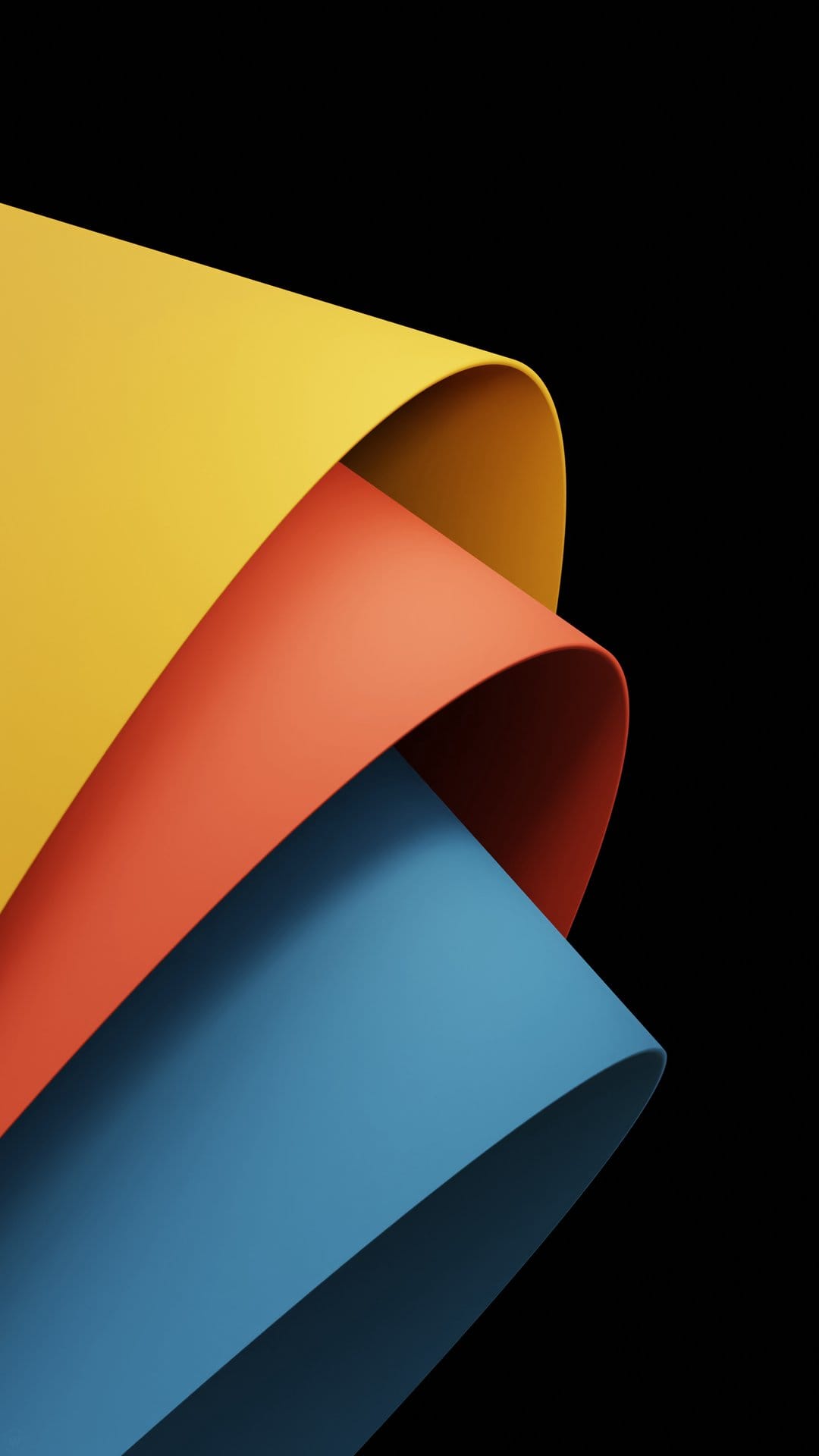 Overlapping curved yellow, orange, and blue planes create a layered 3D effect against a solid black background.