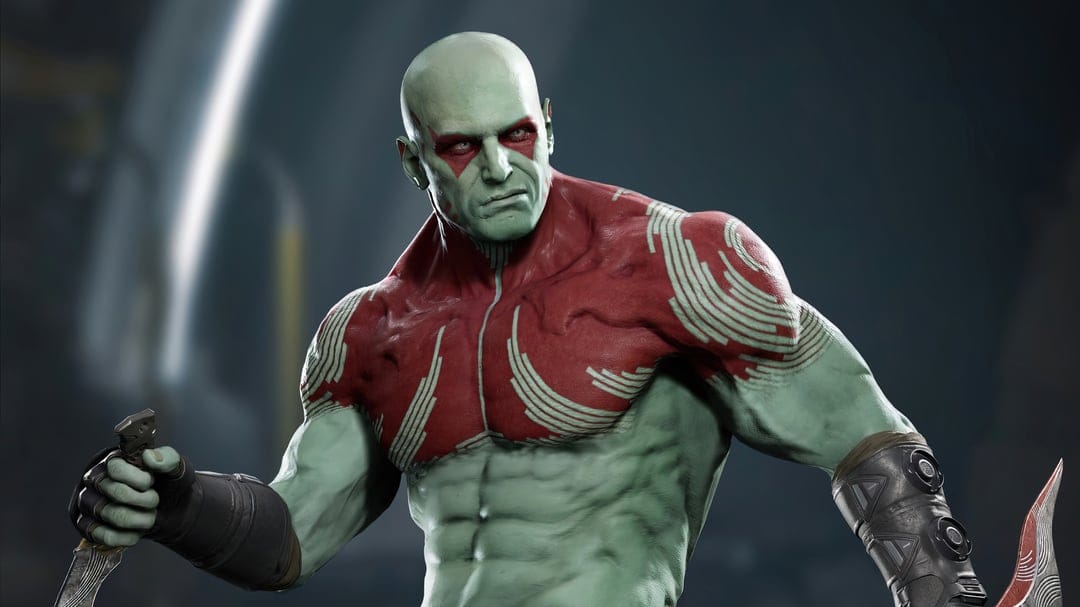 Green-skinned muscular warrior Drax with red chest tattoos holding a dagger in a dark industrial environment.