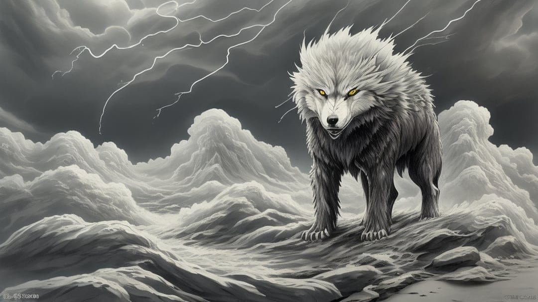 Alpha wolf with glowing yellow eyes stands on rocks as lightning bolts strike through dark, swirling clouds.