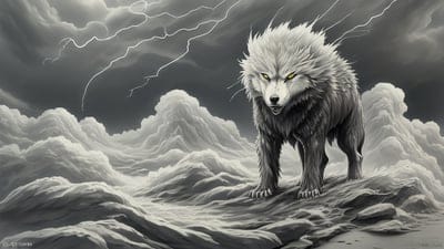 Fenrir,Animal,Mythical,Creature,Mythic,Legendary,Ai Artwork,Ai,Artwork,Wallpaper,Rare,Desktop Wallpaper#,Wolf,Ancient,Scary,Thunder