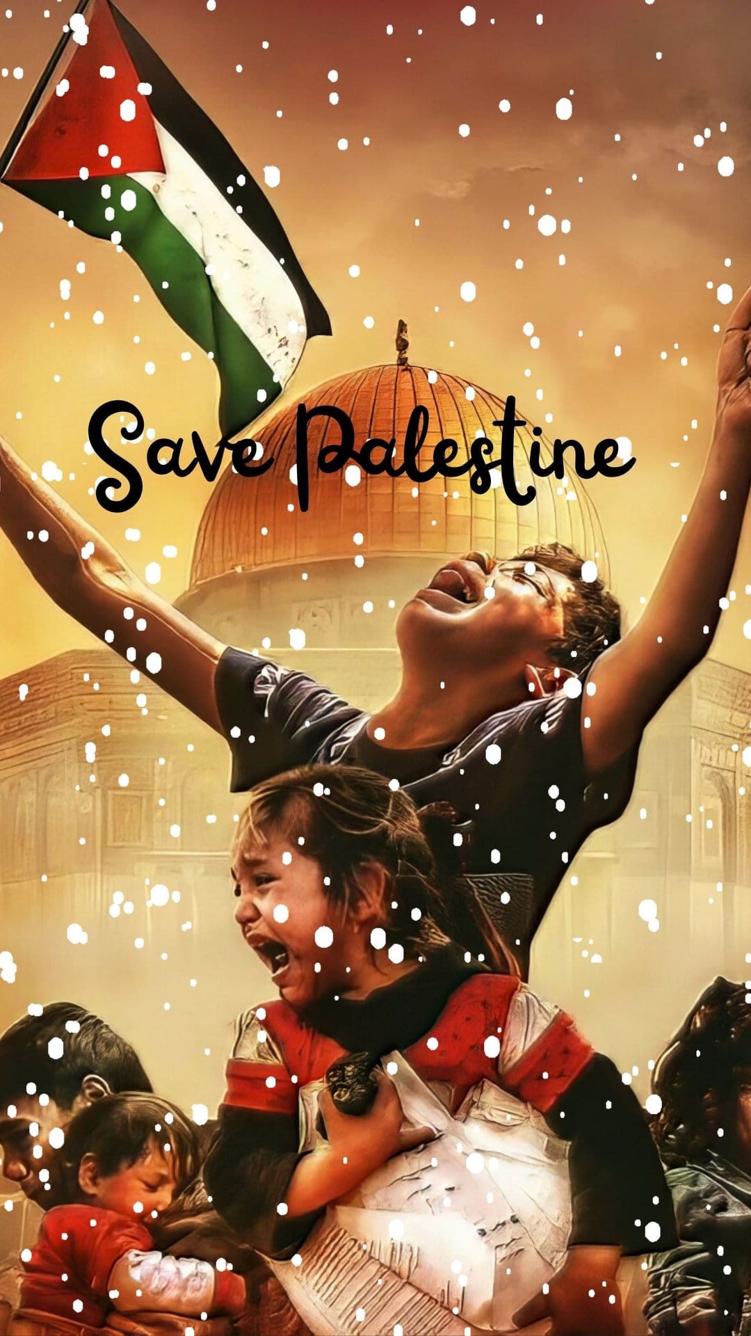 Crying children and a youth with raised arms stand before a Palestinian flag and golden dome structure.