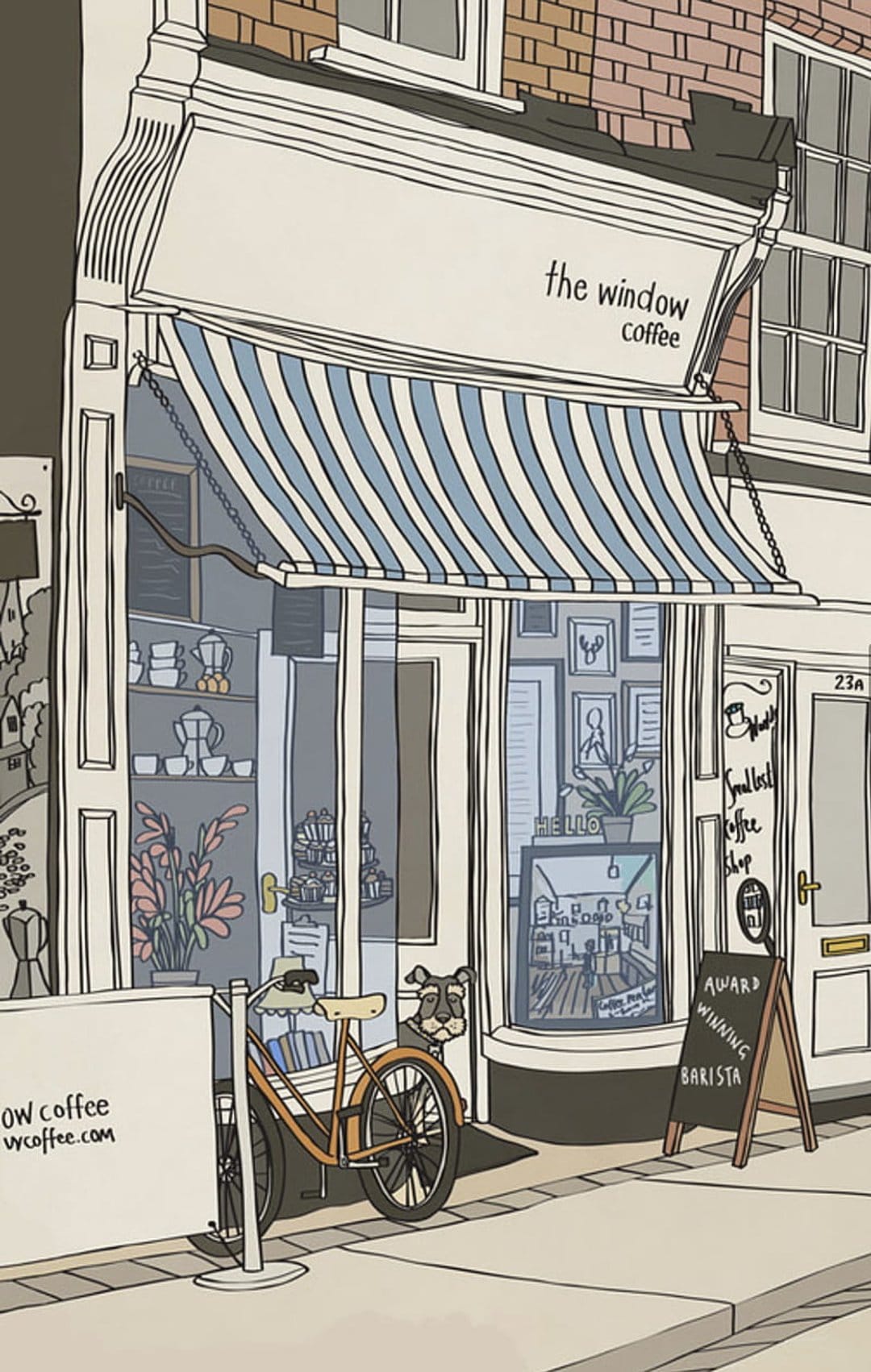 Boutique coffee shop storefront with a striped awning, parked bicycle, and a dog peeking from around the corner.