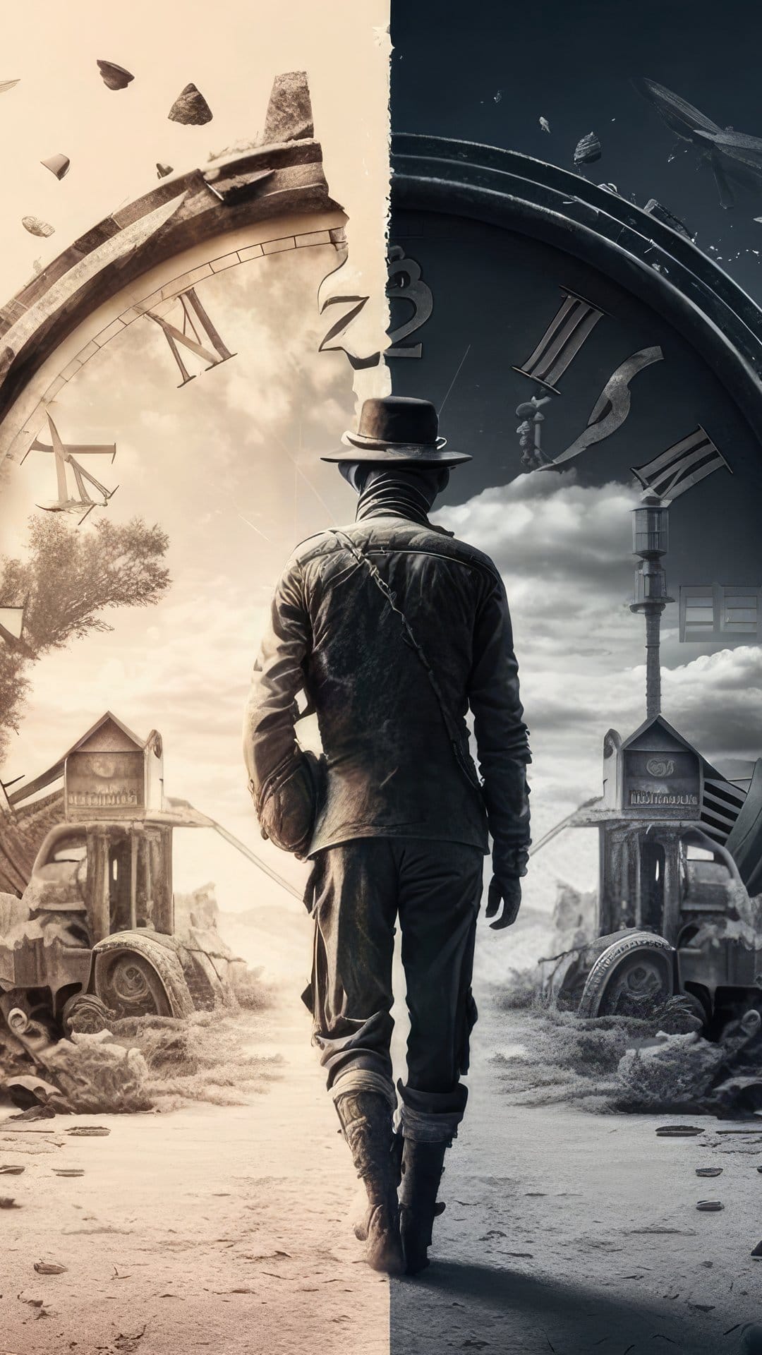 Man in a leather jacket walks through a massive broken clock face separating sepia and monochrome ruins.