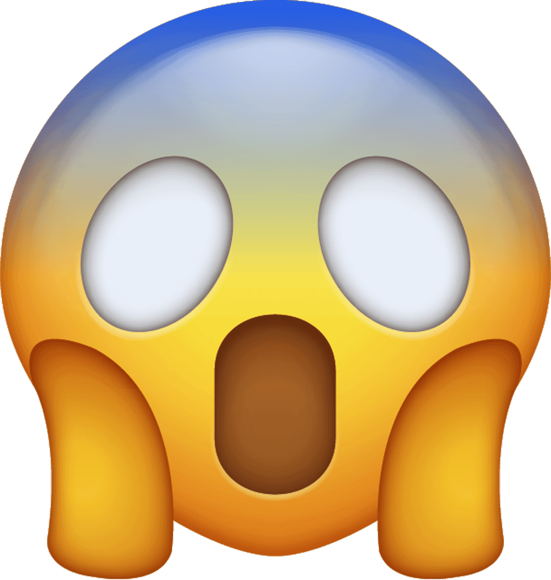 Shocked smiley face with wide white eyes and open mouth featuring yellow 3D gradients on a transparent background.