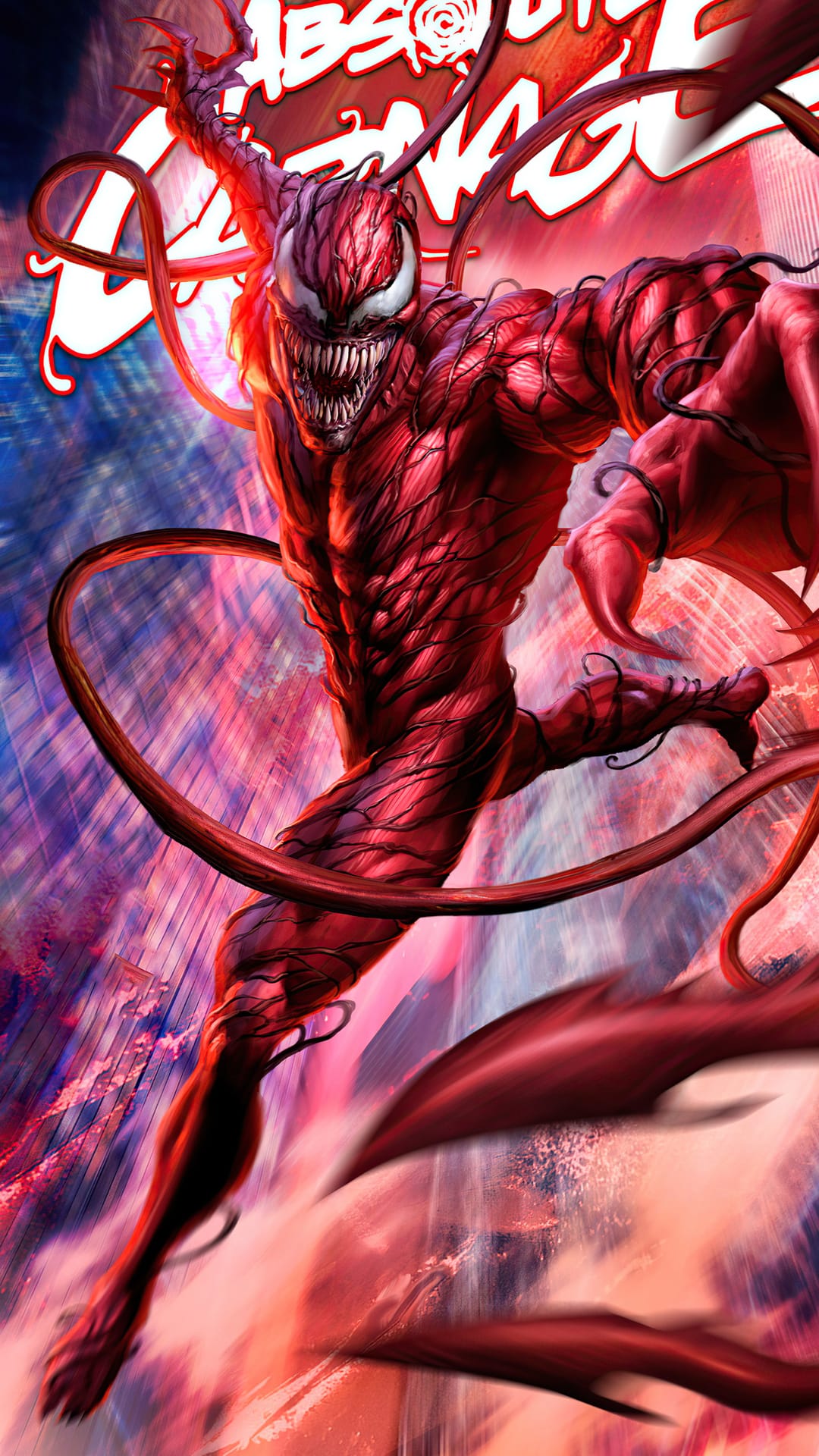 Carnage displays jagged white fangs and glowing eyes amidst a chaotic swirl of red and blue symbiote tendrils.