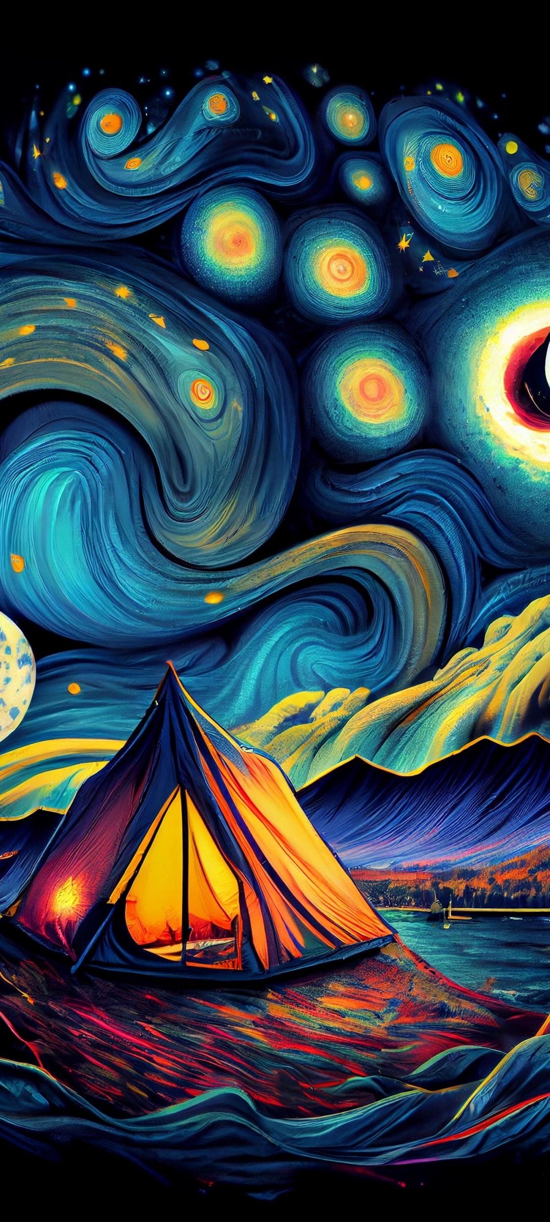 Illuminated orange tent on a grassy ridge overlooks water under a swirling blue sky with a crescent moon.