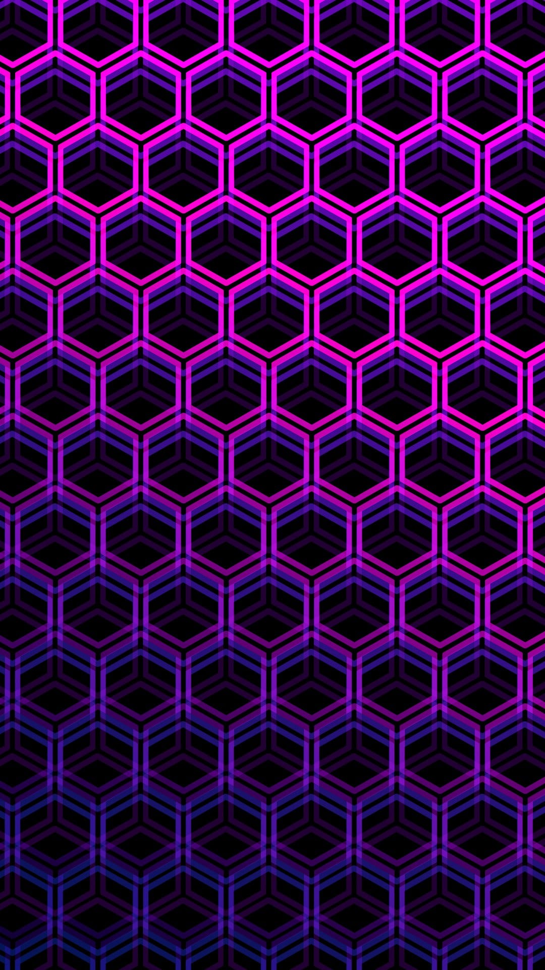 Interlocking purple and pink glowing hexagons form a geometric honeycomb pattern on a solid black background.
