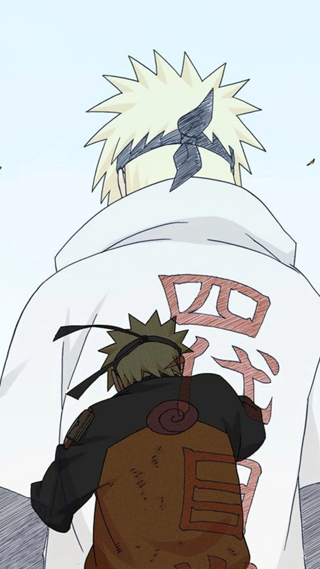 Naruto and Minato stand back-to-back, with the Fourth Hokage wearing a white cloak featuring red flame motifs.