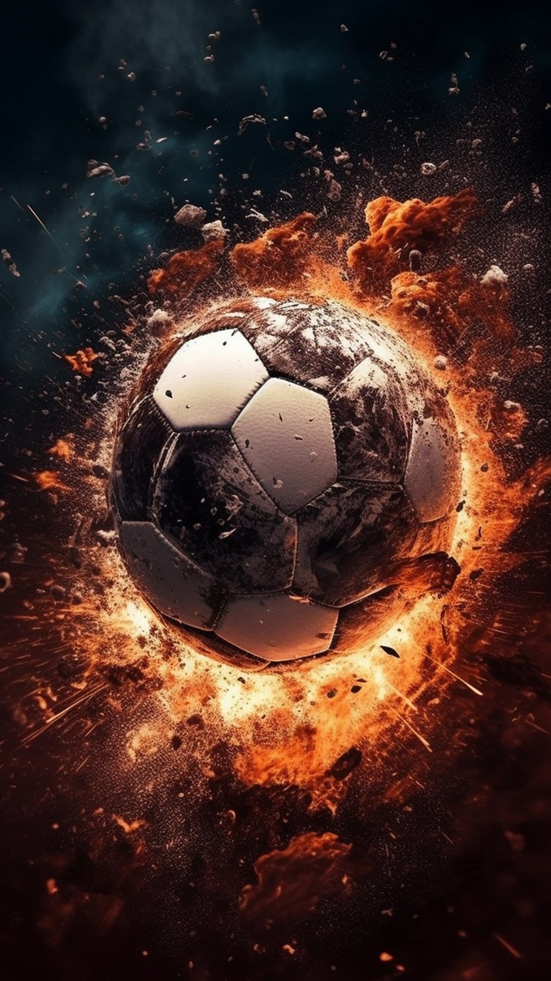 Soccer ball bursting into flames and cosmic particles during a high-impact explosion in dark space.