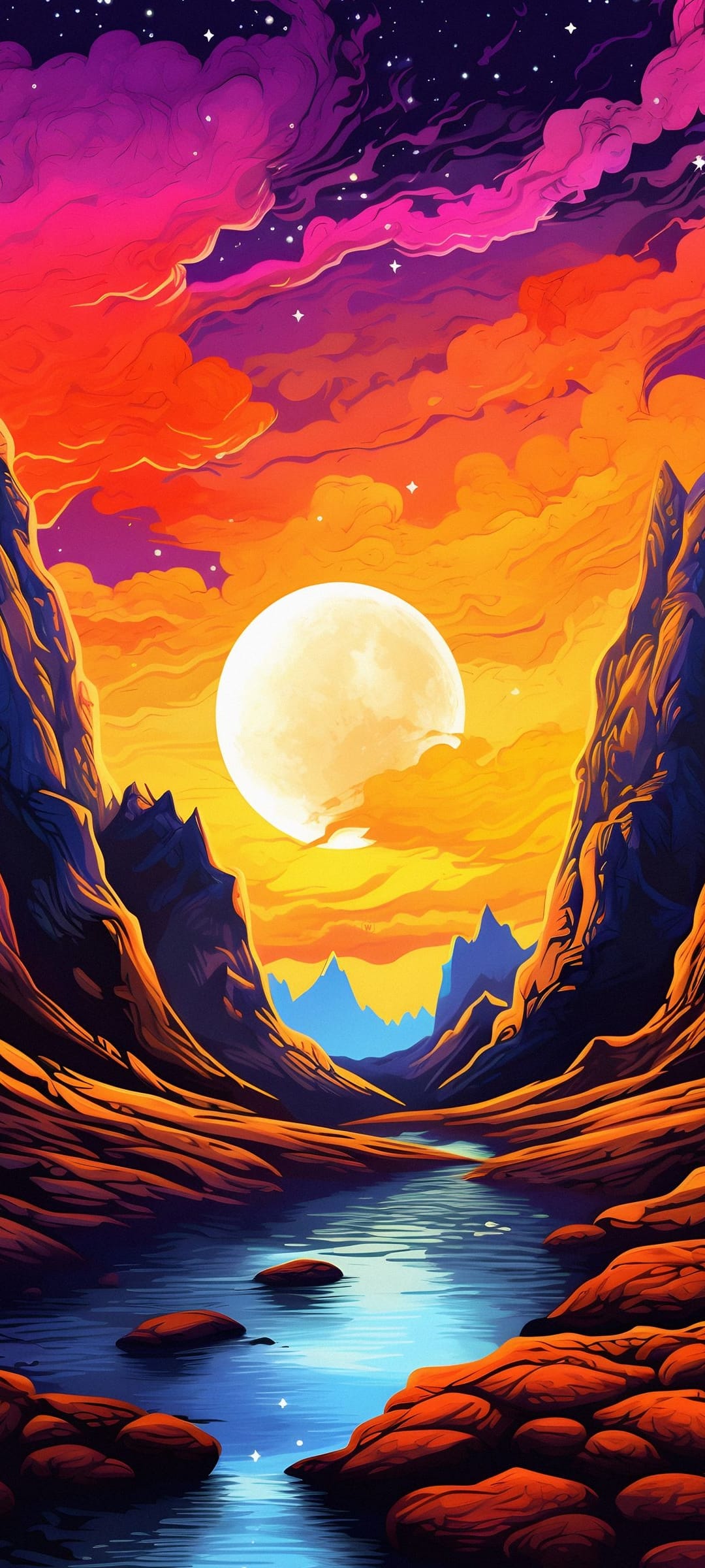 Deep sandstone canyon with a glowing blue river under a fiery orange sunset sky and a large white crescent moon.