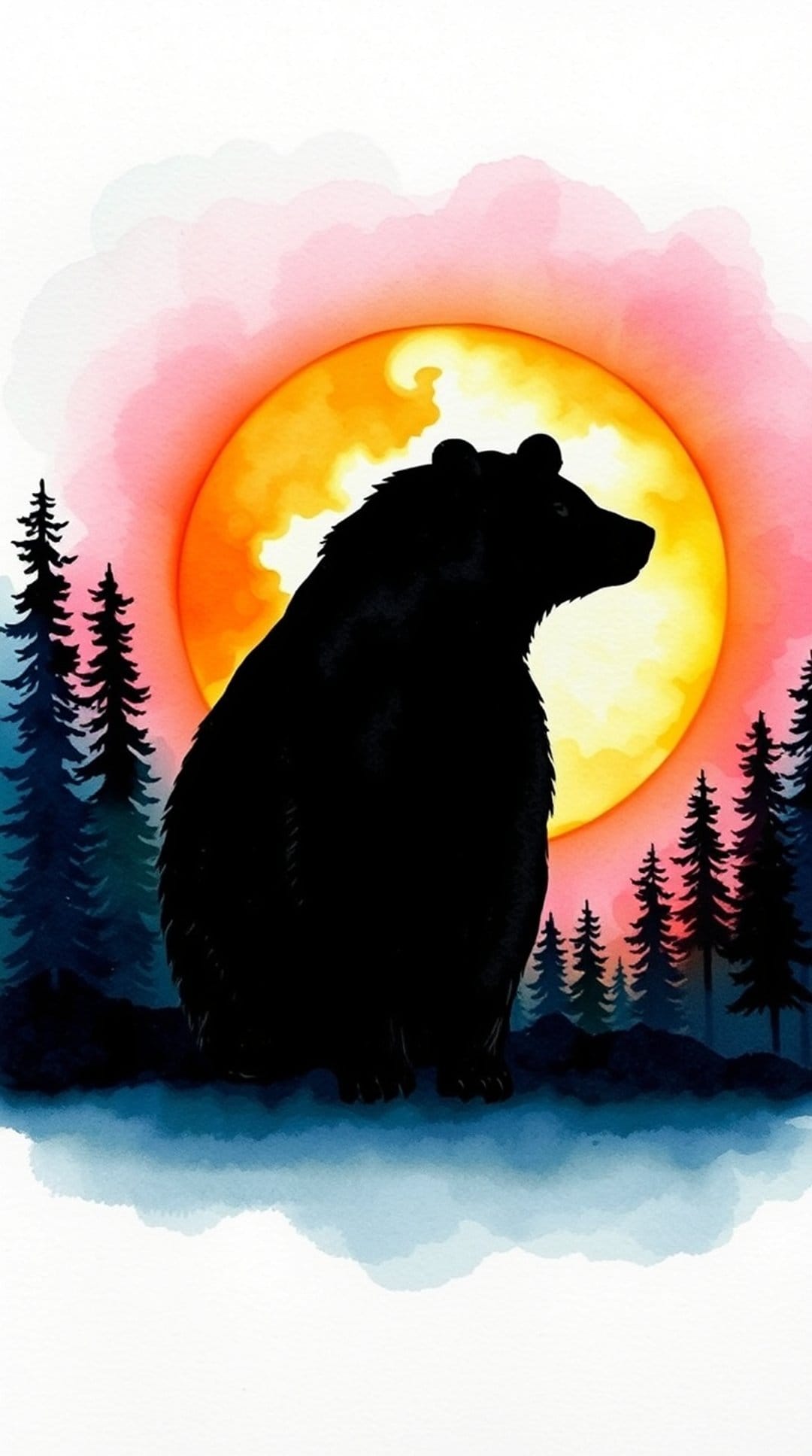 Black bear silhouette against a large white moon and pink sunset sky with dark pine trees in the foreground.