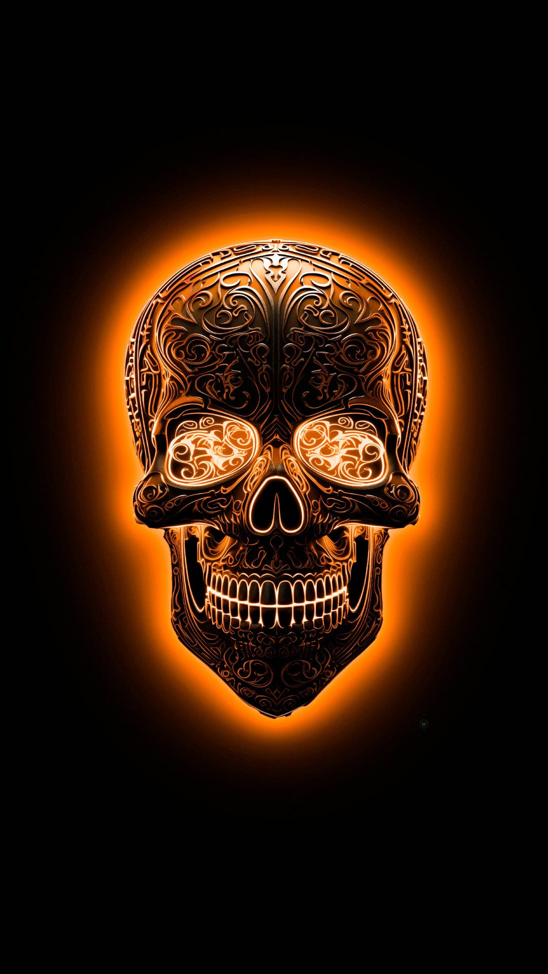 Golden skull with intricate carvings and glowing orange eyes surrounded by a vibrant circle of fire on black.