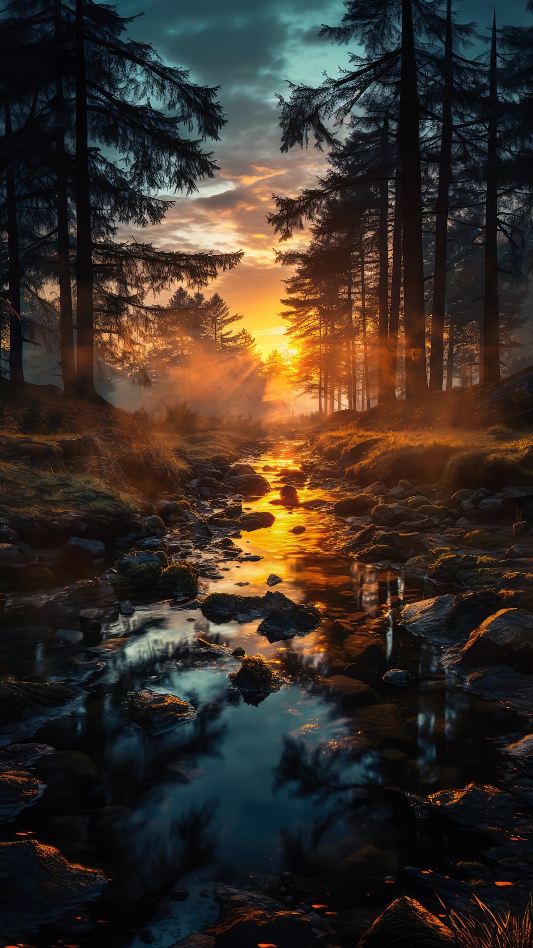 Sunbeams filter through a misty forest over a rocky stream with golden water during a vibrant sunset.
