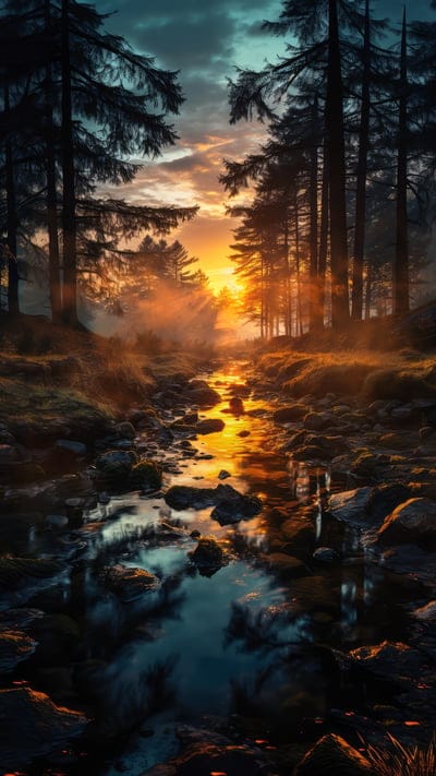 stream,stones,trees,forest,sunrise,rays