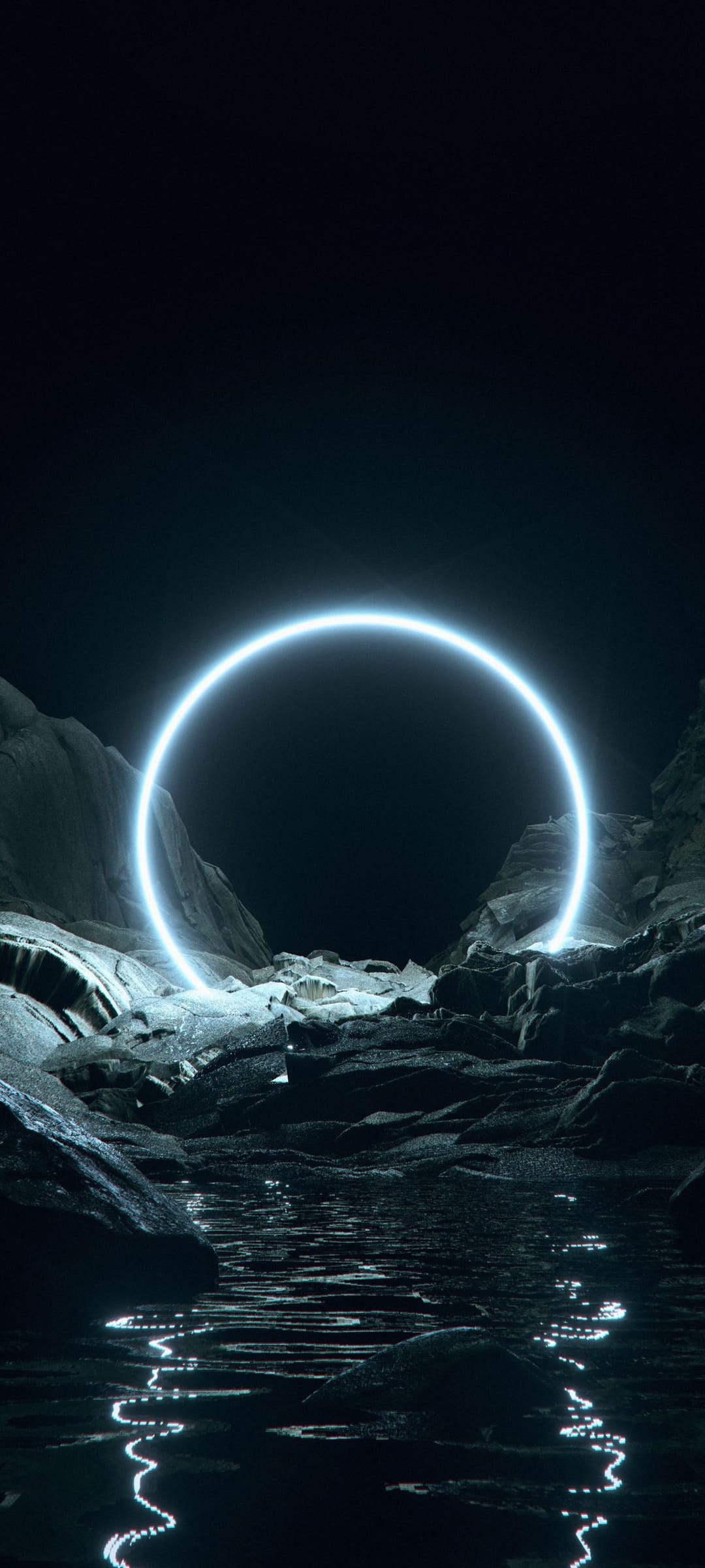 Bright blue glowing ring hovers above a dark rocky canyon and reflects in a still, mirror-like lake at night.