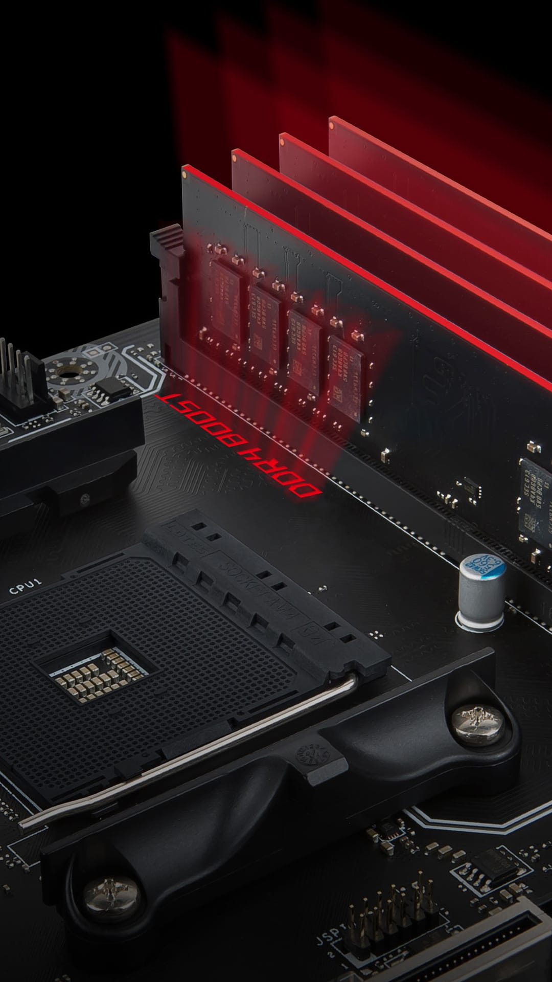 Red LED-lit RAM modules installed in a black motherboard slot featuring the glowing text DDR4 BOOST nearby.