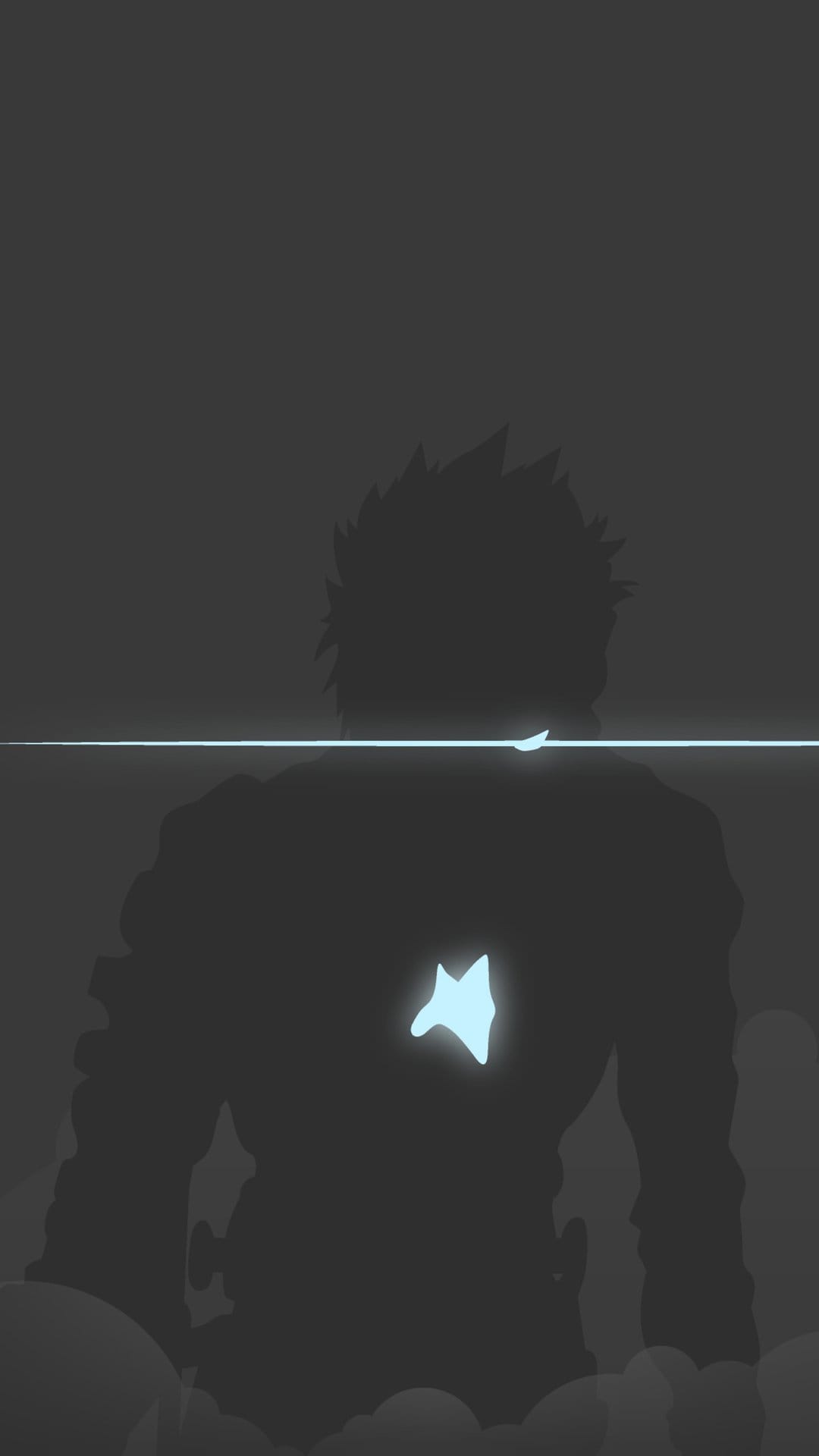 Shadowy figure with spiky hair stands in darkness with a glowing blue chest core and a thin horizon line.