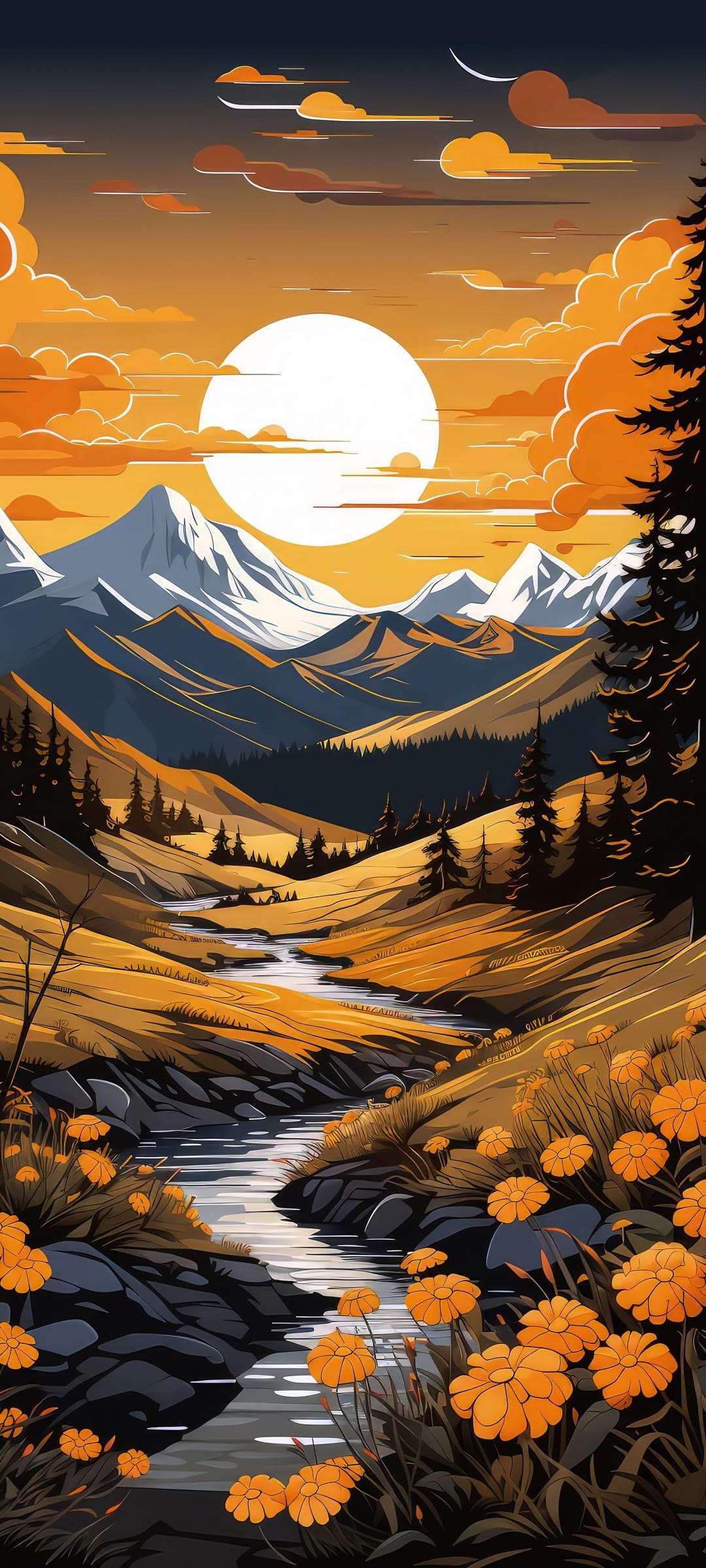 Orange wildflowers bloom in a valley near a winding river beneath a glowing sunset sky and snow-capped peaks.