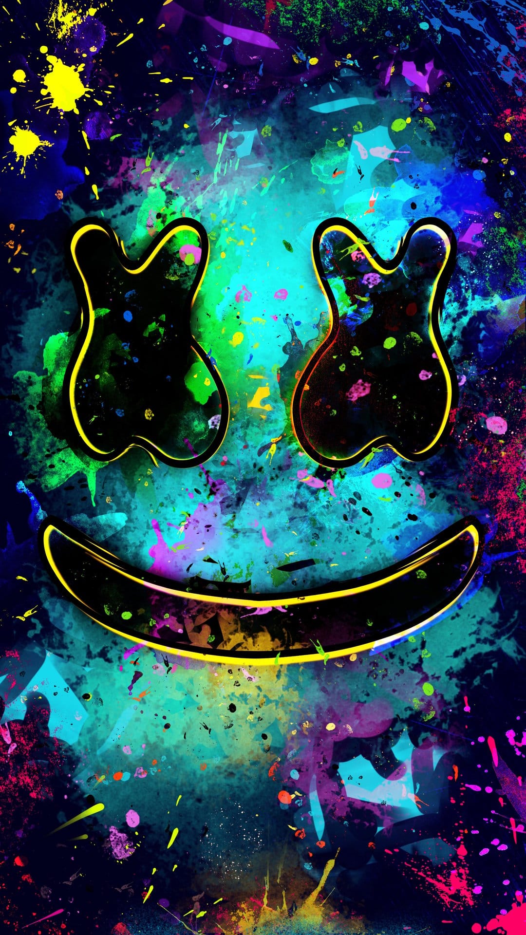 Marshmello helmet with glowing yellow outlines and smile amidst splashes of blue, purple, and green paint.