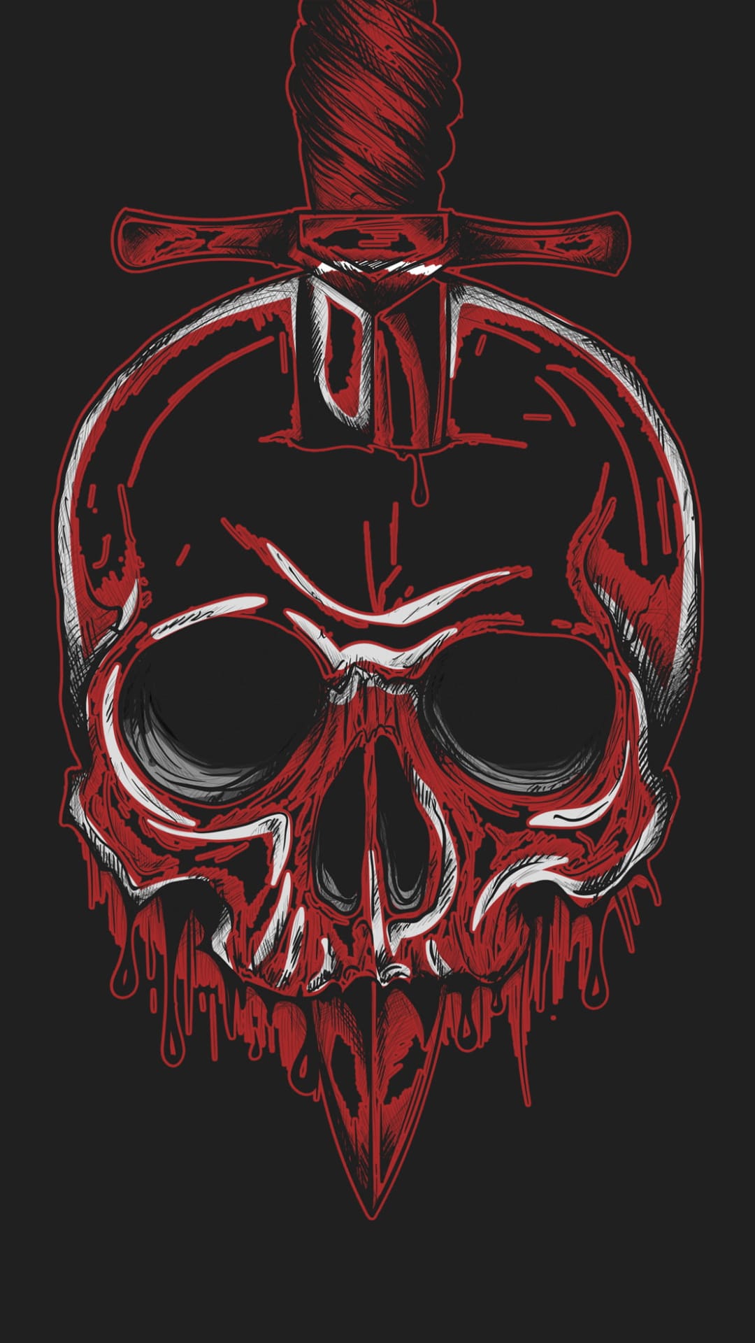 Skeletal skull pierced by a vertical silver sword with dripping crimson blood against a dark noir backdrop.