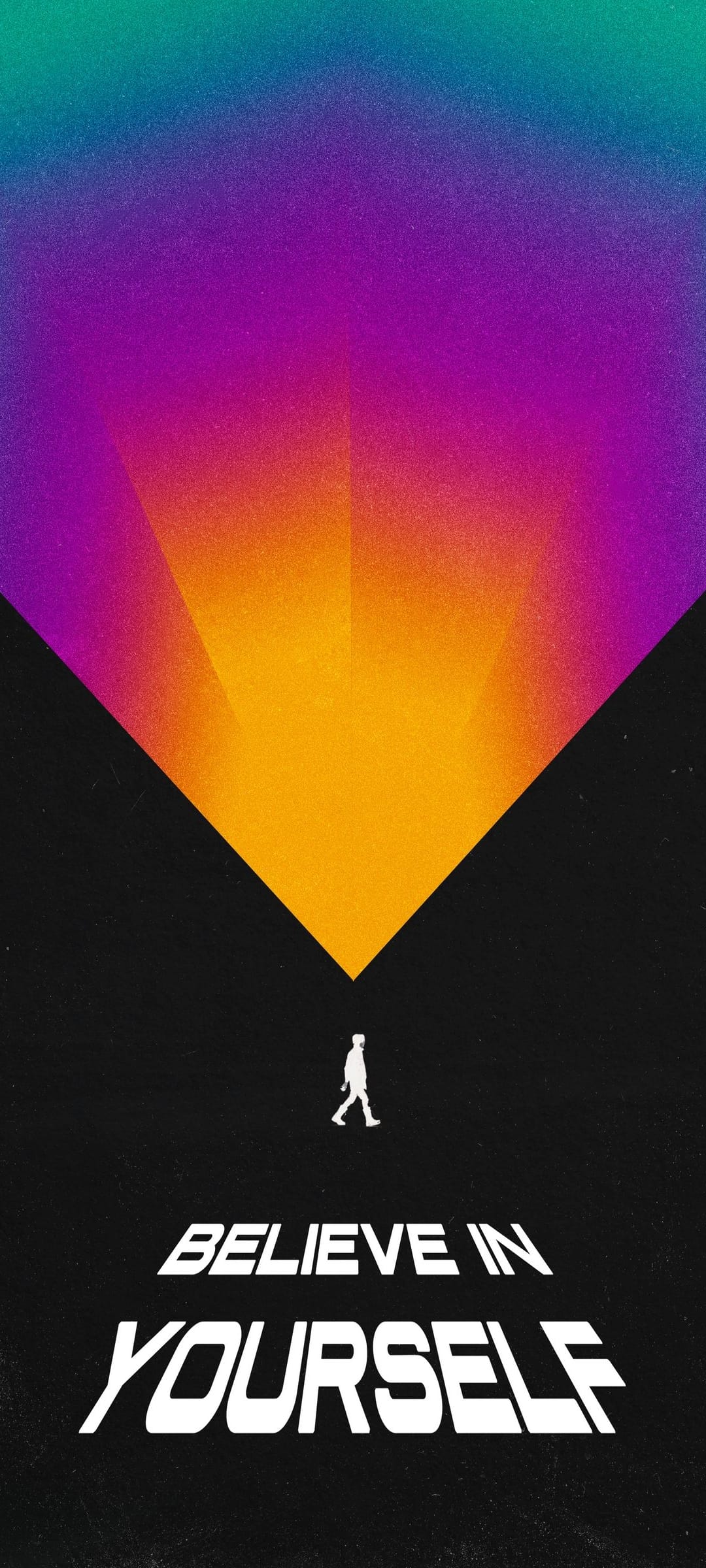 Person walking toward a glowing teal and orange triangle with Believe in Yourself text on a black background.