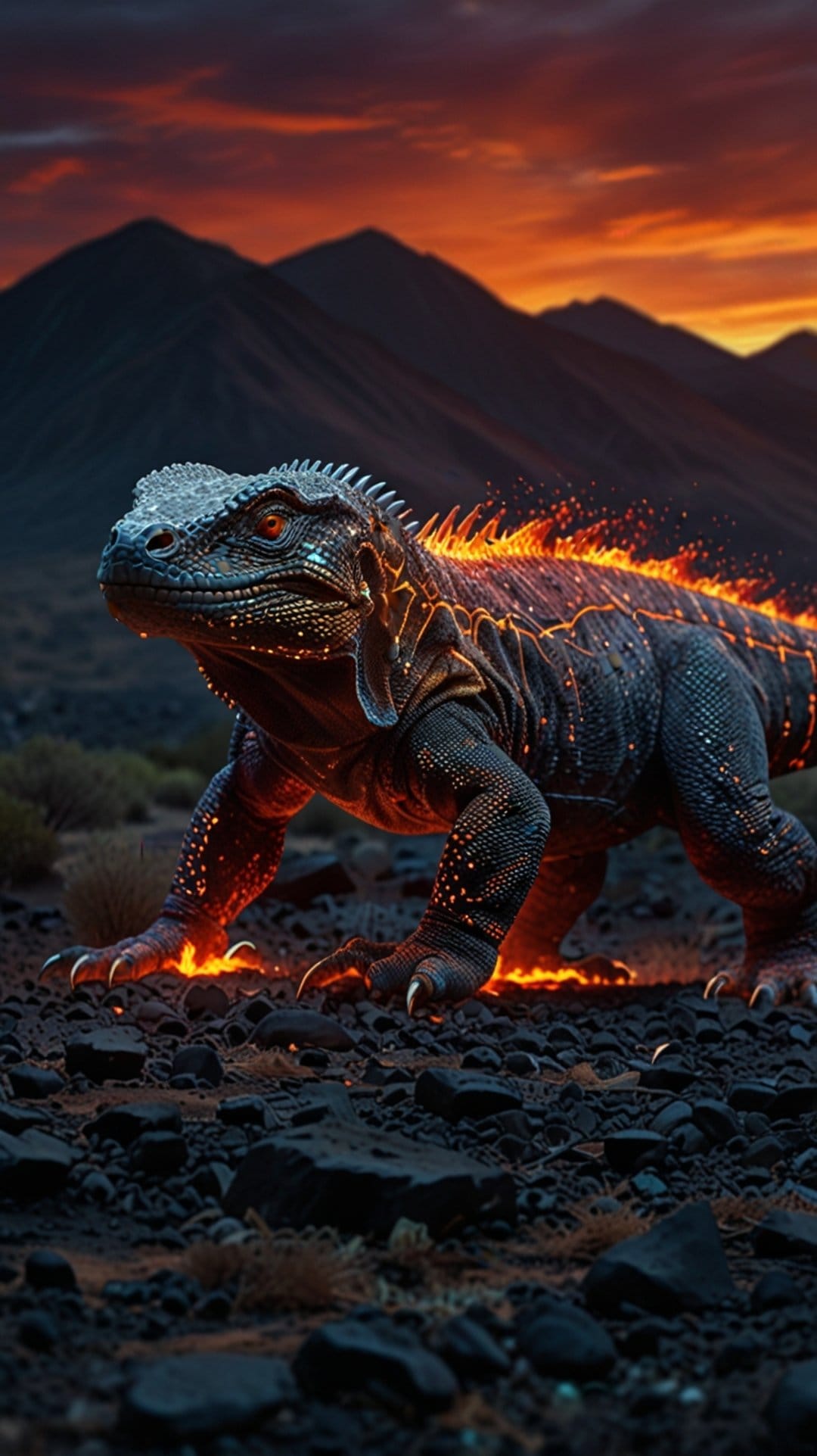 Lava-skinned lizard with glowing eyes prowls across scorched rocks beneath a dramatic red and orange sunset sky.