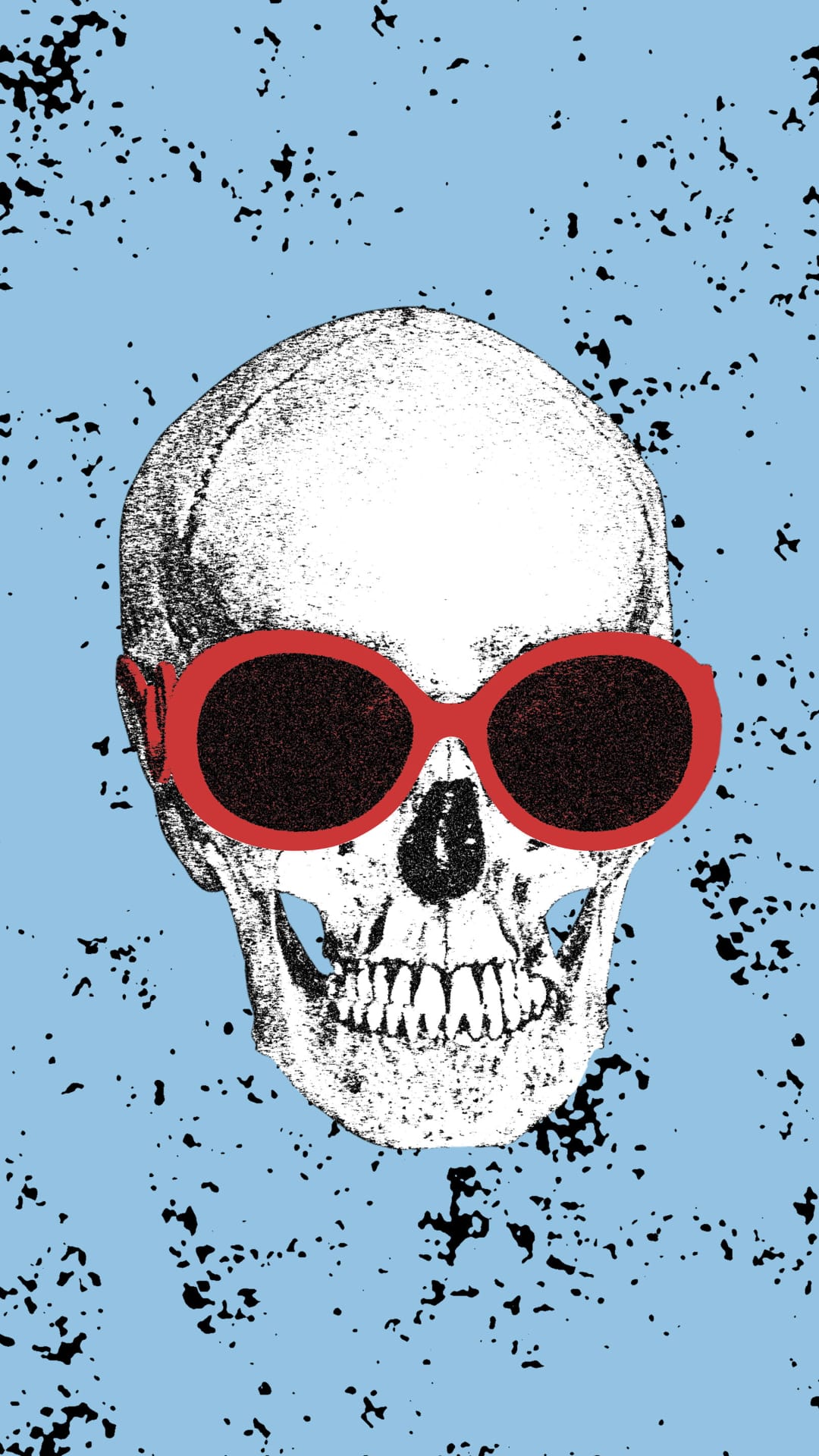 Human skull wearing red-rimmed sunglasses centered on a splattered light blue background with grunge textures.