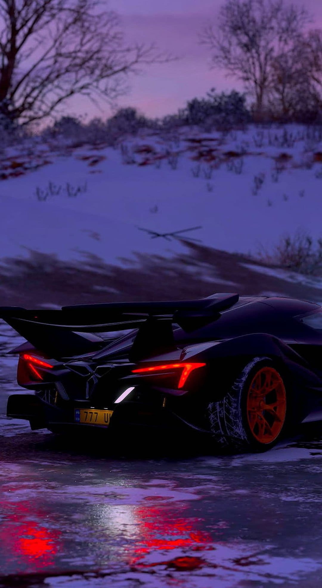 Black McLaren supercar with glowing red taillights parked on icy snow under a purple and pink twilight sky.