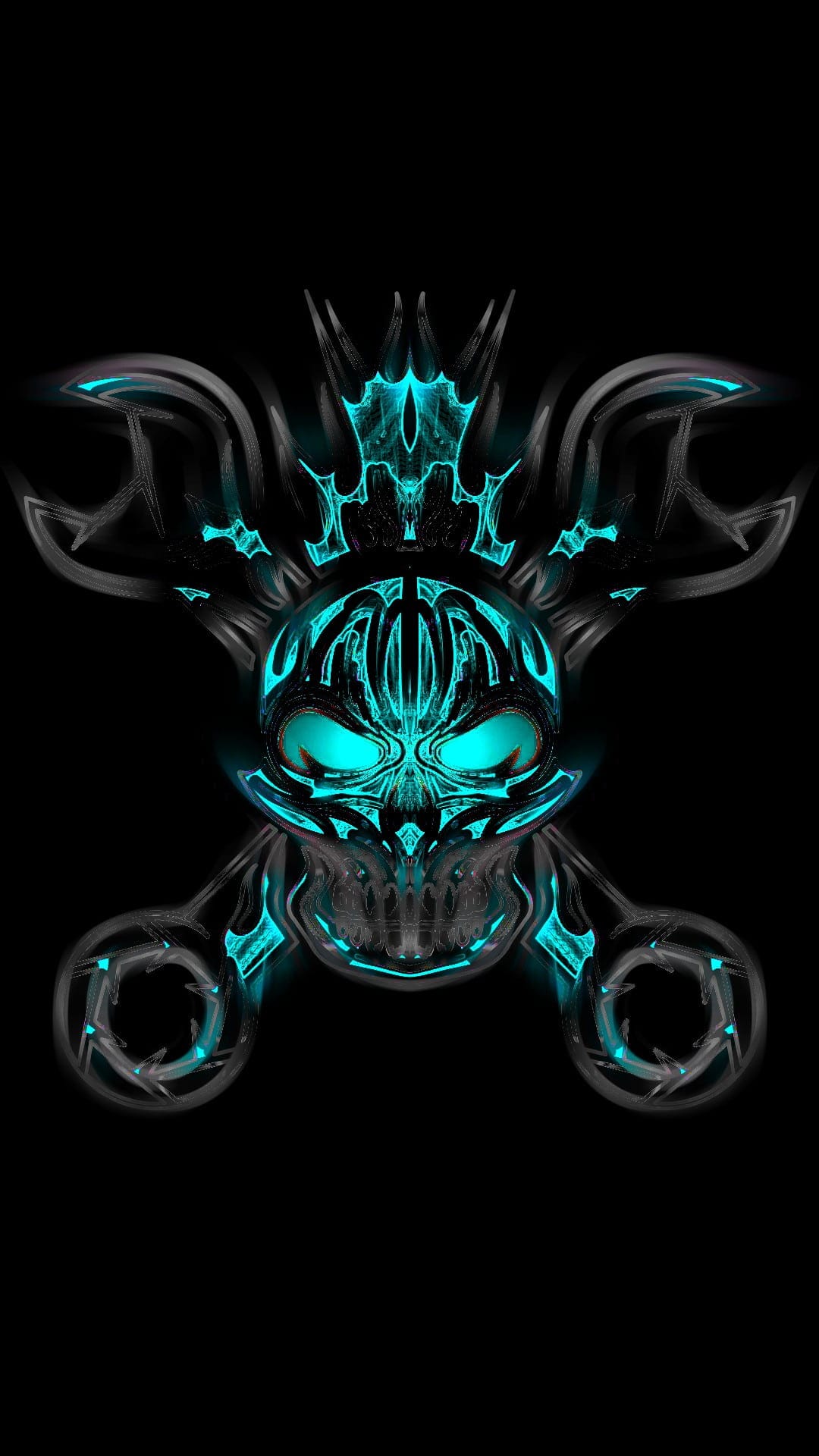 Blue neon skull with tribal engravings positioned over crossed silver wrenches on a solid black background.