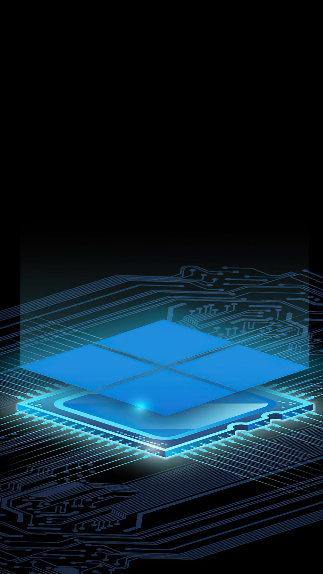 Blue glowing CPU microchip at the center of a dark circuit board with luminous neon pathways and hardware traces.