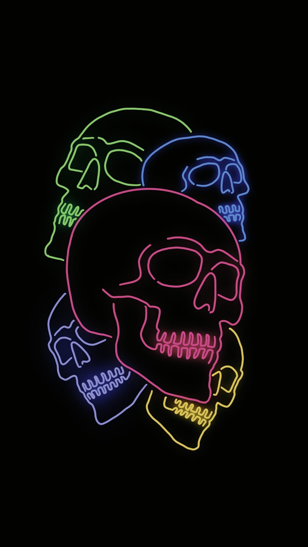 Fluorescent skulls in pink, blue, and green outline a gothic skeletal cluster against a black backdrop.