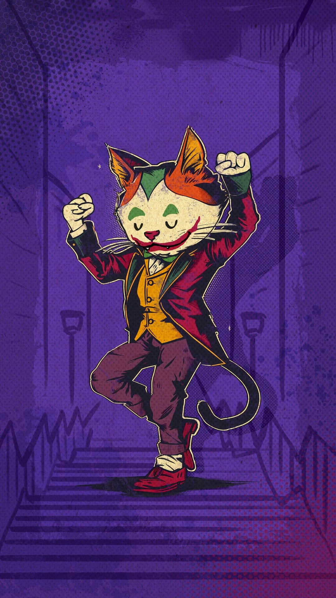 Grinning cat in a red Joker suit and yellow vest dancing on a pixelated purple staircase with dramatic flair.