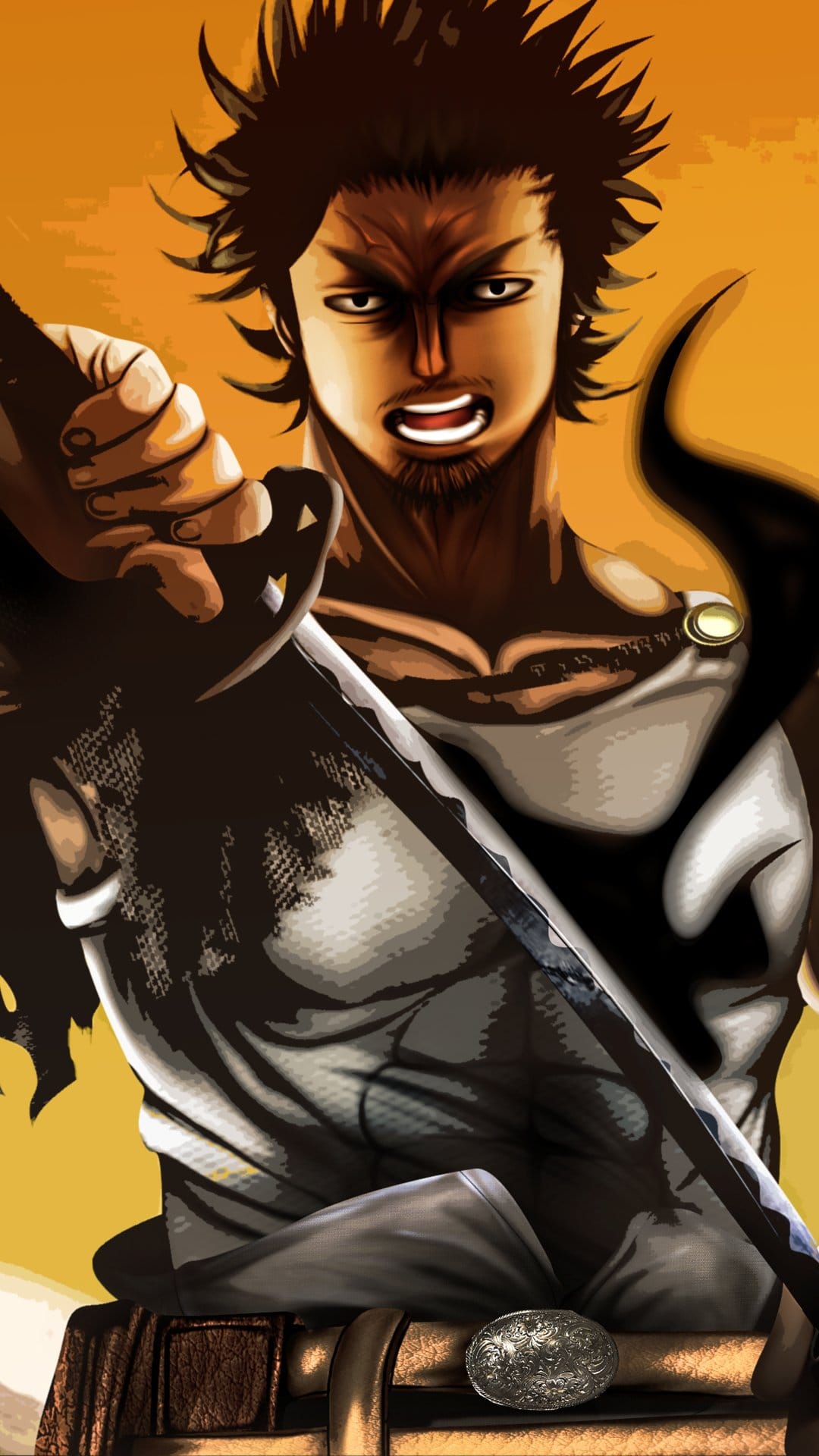 Yami Sukehiro grips a large katana with a stern expression against a radiant orange and yellow background.