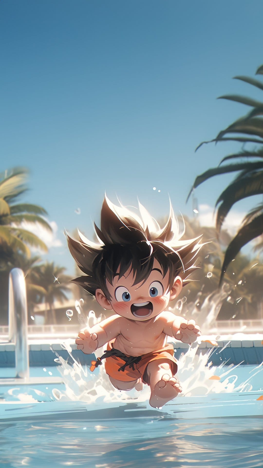 Young boy with spiky black hair jumps into a bright blue swimming pool surrounded by tropical palm trees.