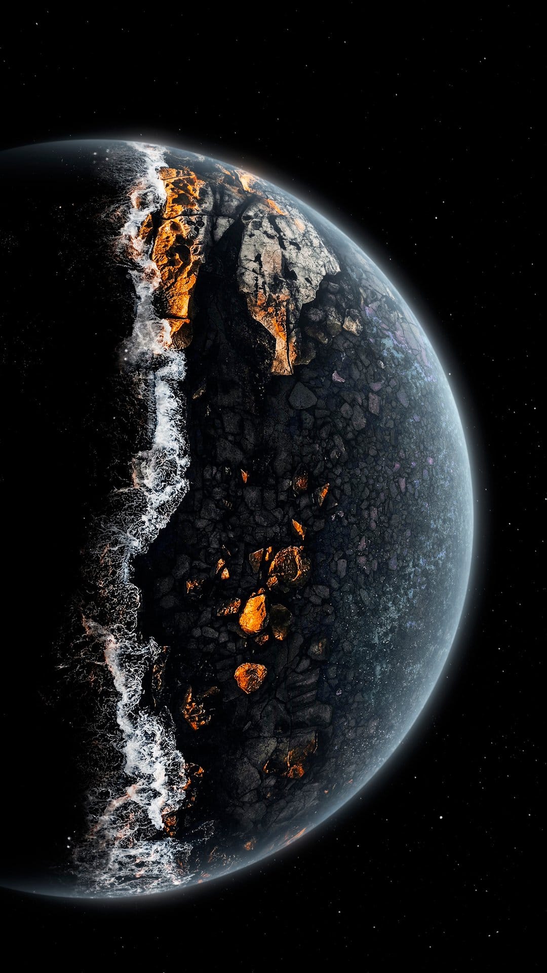 Molten orange craters and white waves clash against jagged dark rocks on an alien planet surface in deep space.