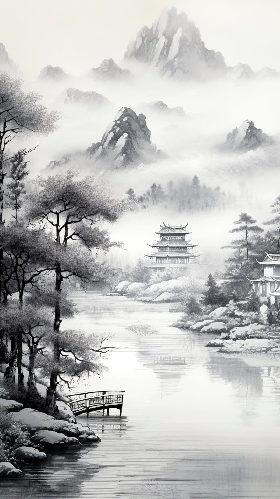 Multi-tiered pagoda sits above a curved wooden bridge and misty hills in a monochromatic mountain scene.