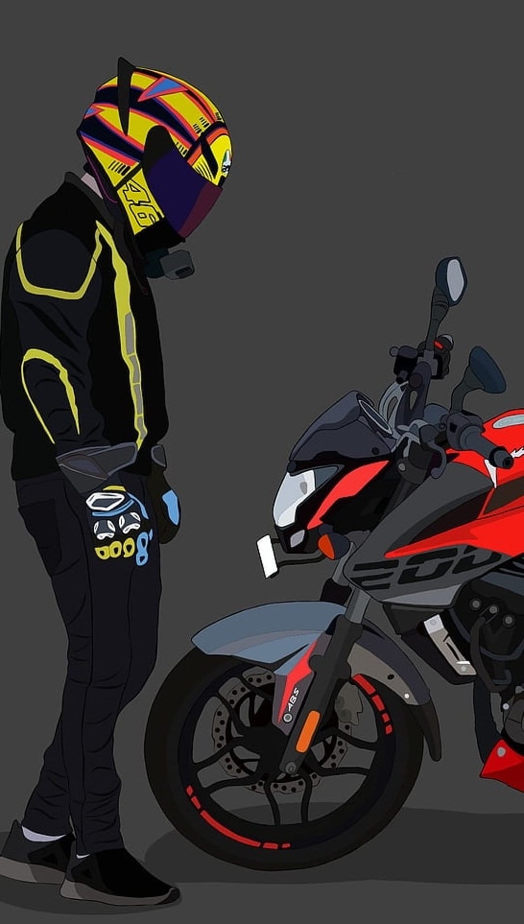 Biker in a neon yellow racing helmet and black jacket stands beside a red motorcycle against a gray background.