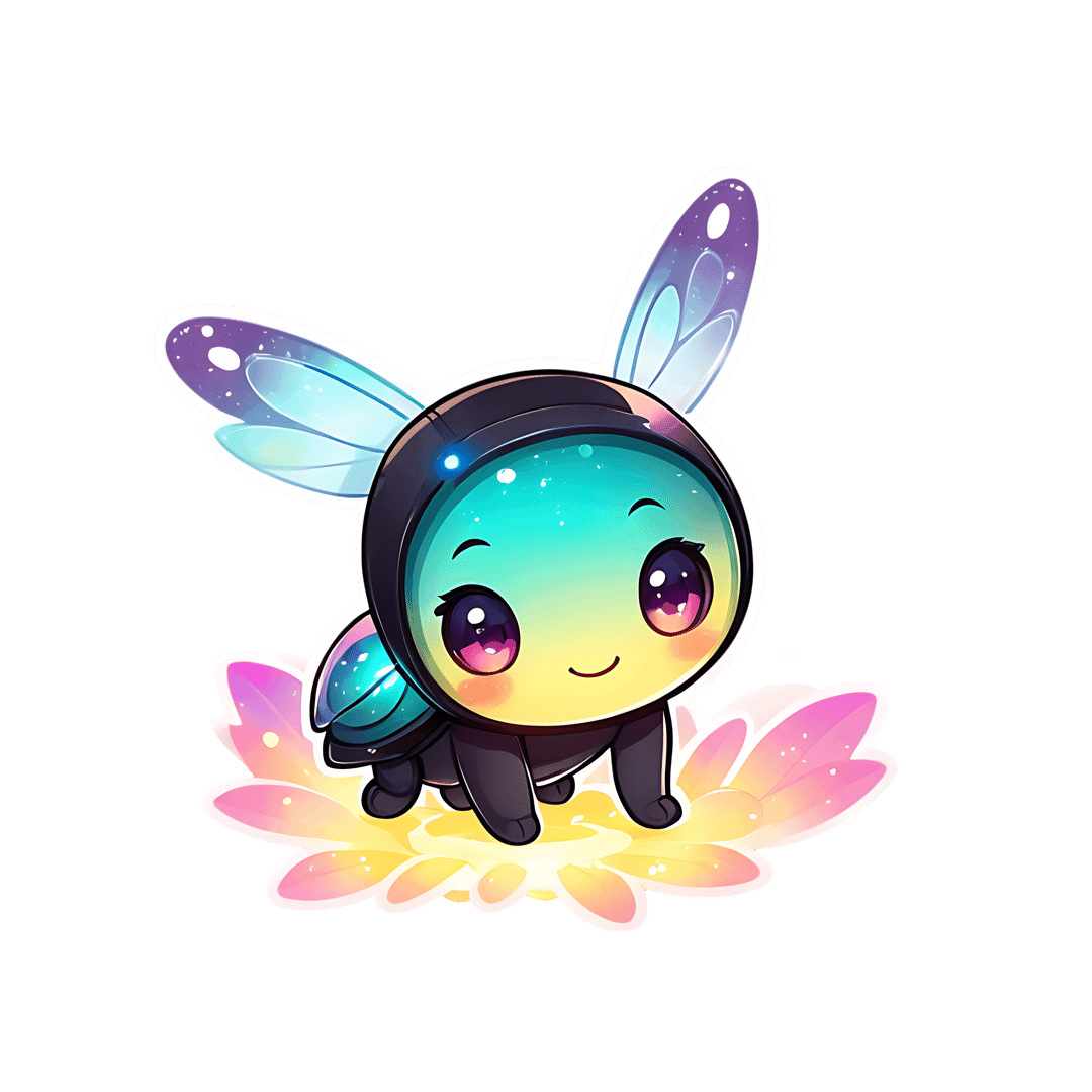 Firefly sticker with teal yellow gradient head and iridescent purple wings standing on a pink flower.