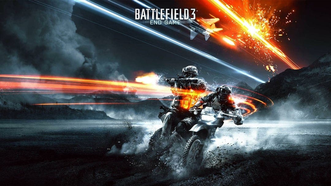 Soldiers on a dirt bike at high speed with fire and blue light streaks in a snowy mountain landscape.