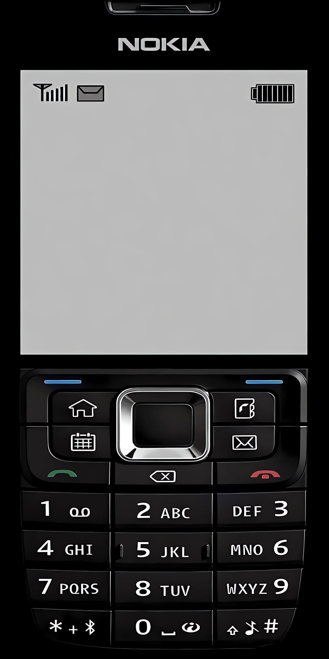 Black Nokia feature phone with a grey screen, detailed silver keypad, and dark minimalist background.