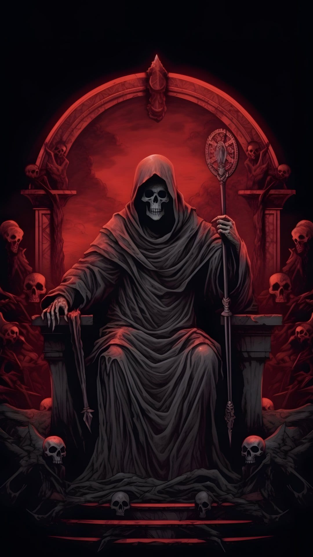 Hooded Grim Reaper sits on a throne of skulls surrounded by crimson mist inside a dark gothic stone archway.