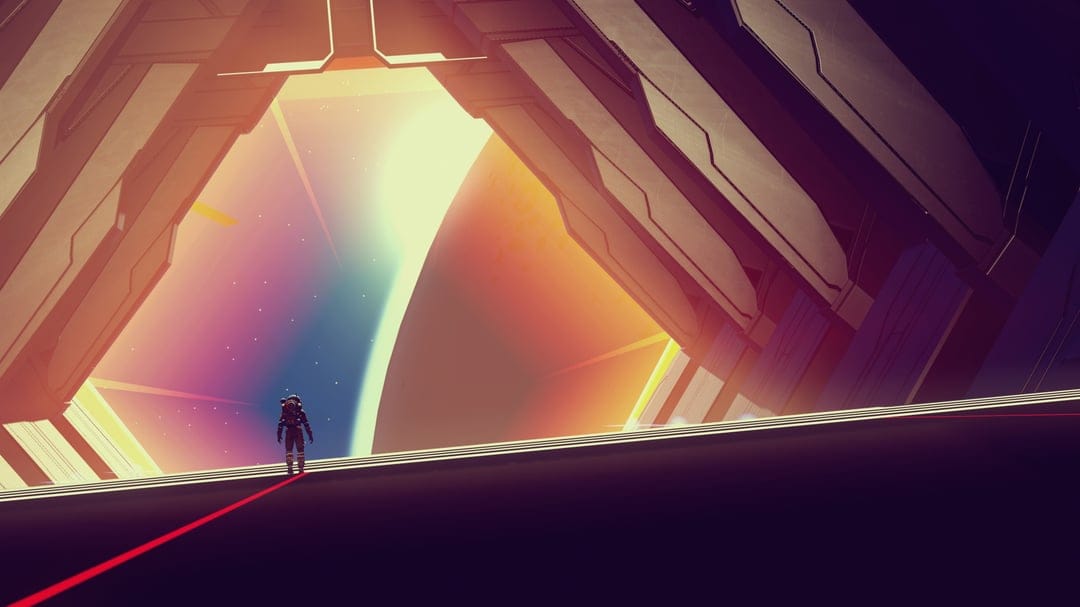 Astronaut in a futuristic space station hangar looking out at a bright yellow and purple glowing nebula.
