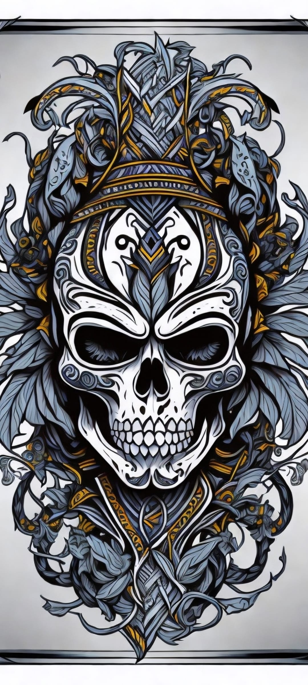 Ornate skull wearing a golden crown surrounded by flowing feathers against a dark monochromatic background.
