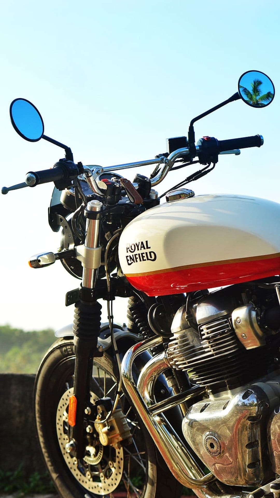 Royal Enfield motorcycle front view featuring chrome handlebars and a palm tree reflection in the blue mirror.